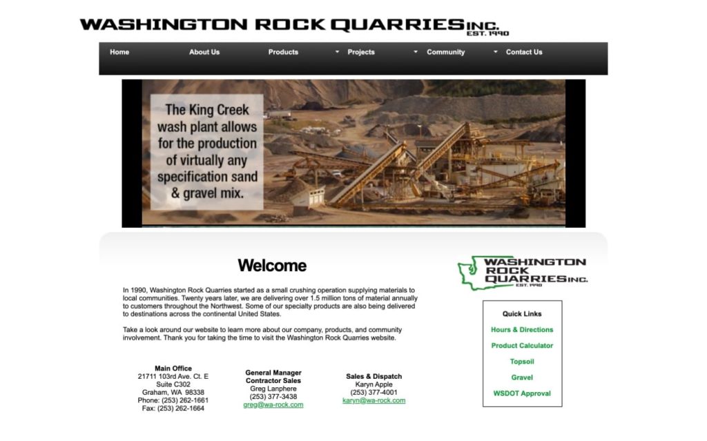 washington rock quarries website homepage before